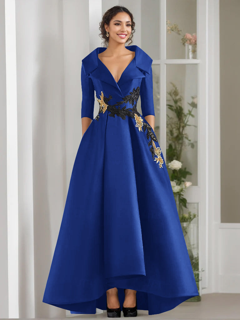 V Neck A Line Long Mother of the Bride Dress with 3/4 Sleeves Appliques and Beading