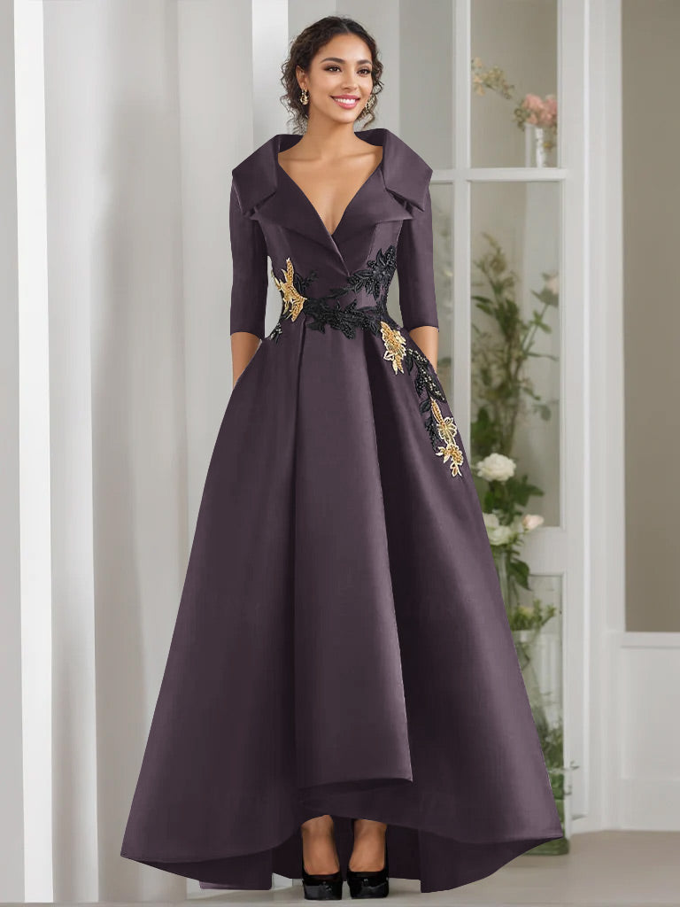 V Neck A Line Long Mother of the Bride Dress with 3/4 Sleeves Appliques and Beading
