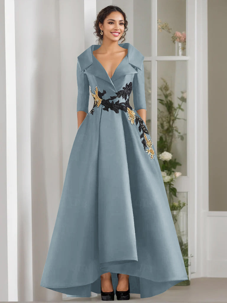 V Neck A Line Long Mother of the Bride Dress with 3/4 Sleeves Appliques and Beading