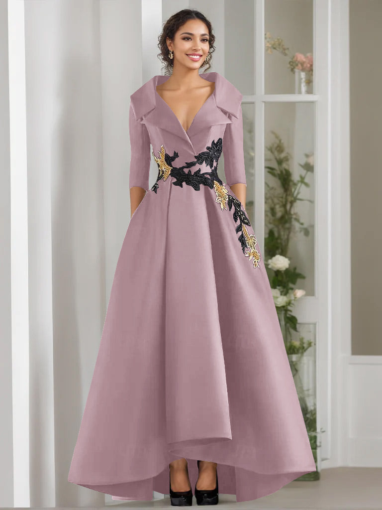 V Neck A Line Long Mother of the Bride Dress with 3/4 Sleeves Appliques and Beading