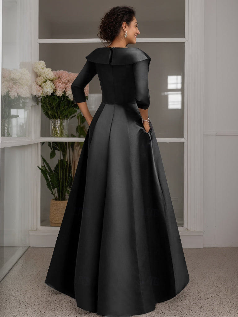 V Neck A Line Long Mother of the Bride Dress with 3/4 Sleeves Appliques and Beading