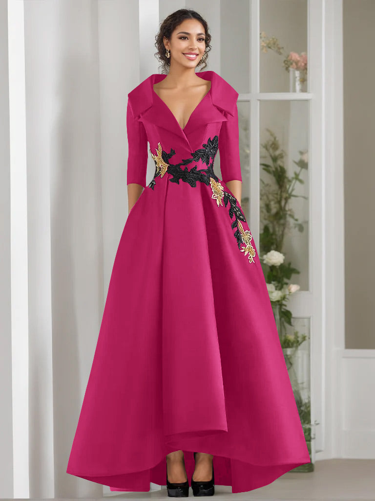 V Neck A Line Long Mother of the Bride Dress with 3/4 Sleeves Appliques and Beading