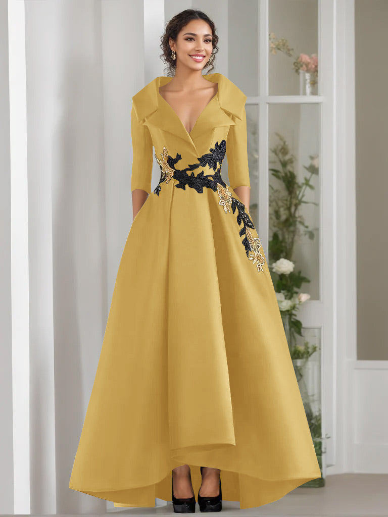 V Neck A Line Long Mother of the Bride Dress with 3/4 Sleeves Appliques and Beading
