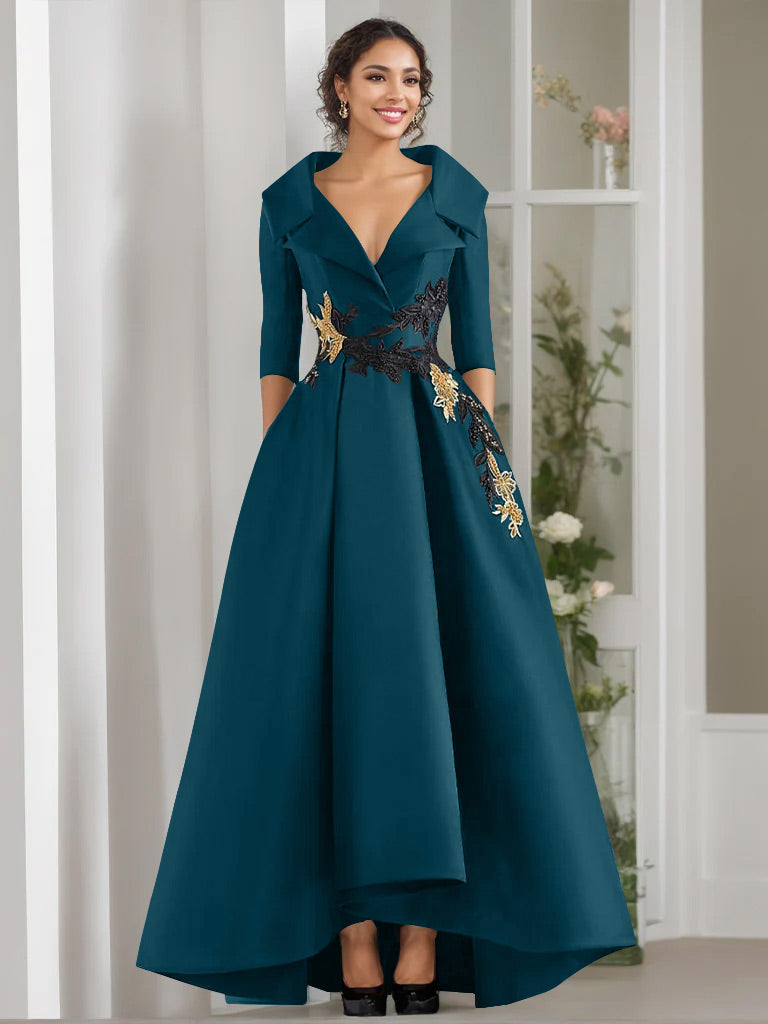 V Neck A Line Long Mother of the Bride Dress with 3/4 Sleeves Appliques and Beading
