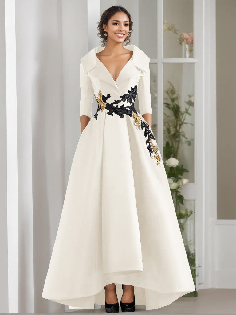 V Neck A Line Long Mother of the Bride Dress with 3/4 Sleeves Appliques and Beading