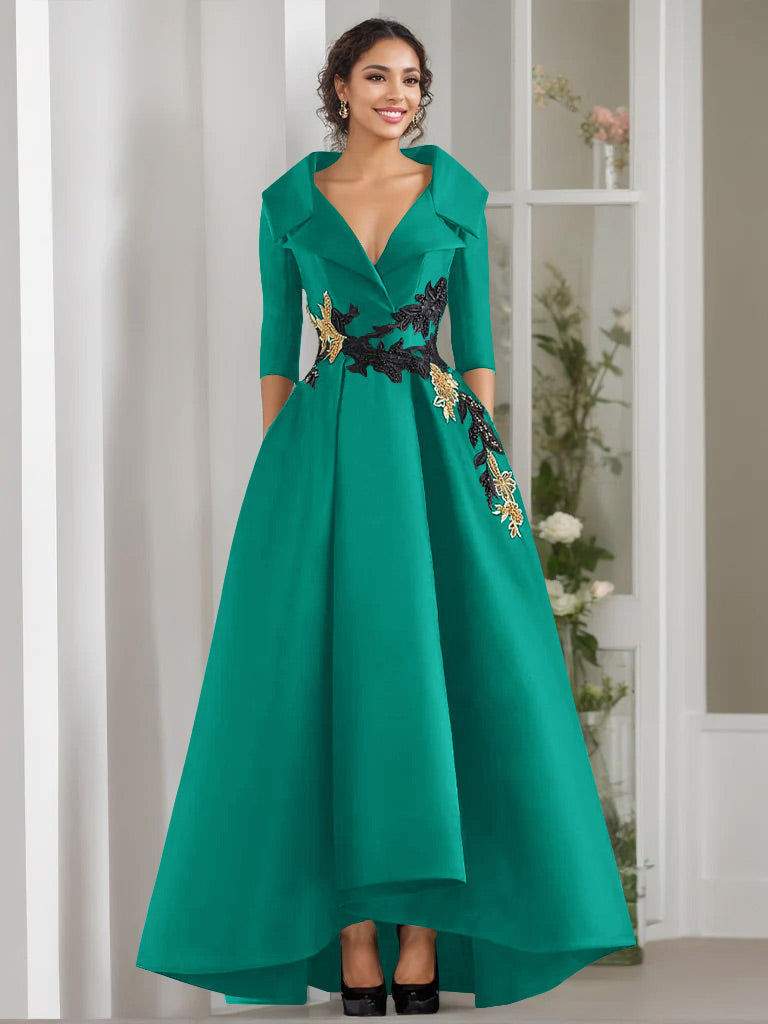 V Neck A Line Long Mother of the Bride Dress with 3/4 Sleeves Appliques and Beading