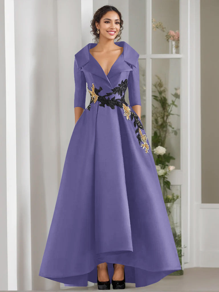 V Neck A Line Long Mother of the Bride Dress with 3/4 Sleeves Appliques and Beading