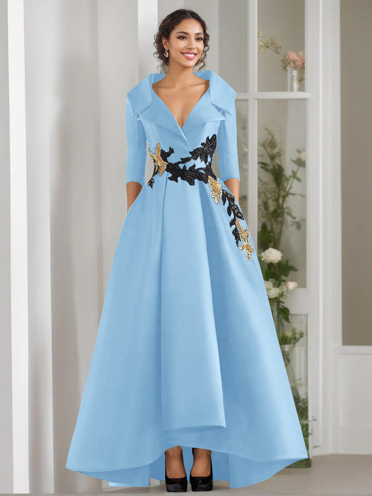 V Neck A Line Long Mother of the Bride Dress with 3/4 Sleeves Appliques and Beading