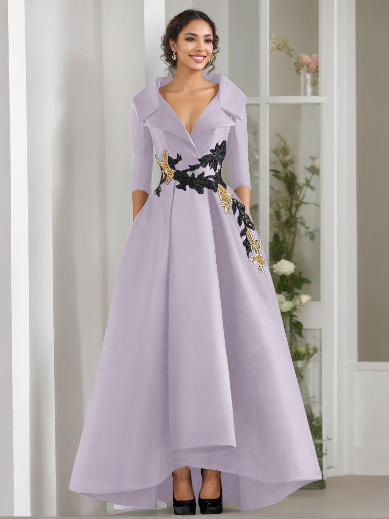 V Neck A Line Long Mother of the Bride Dress with 3/4 Sleeves Appliques and Beading