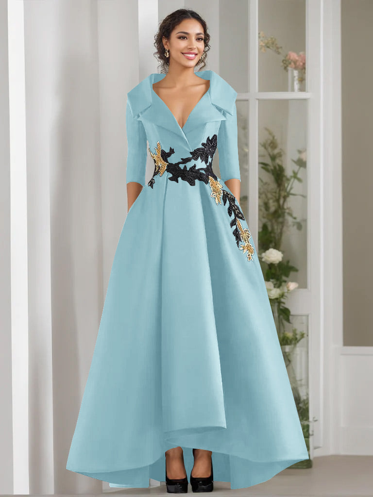 V Neck A Line Long Mother of the Bride Dress with 3/4 Sleeves Appliques and Beading