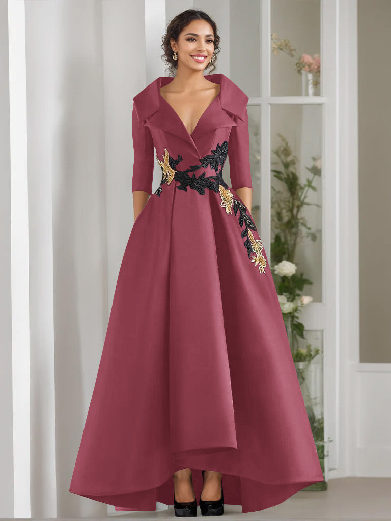 V Neck A Line Long Mother of the Bride Dress with 3/4 Sleeves Appliques and Beading