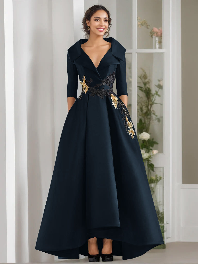 V Neck A Line Long Mother of the Bride Dress with 3/4 Sleeves Appliques and Beading