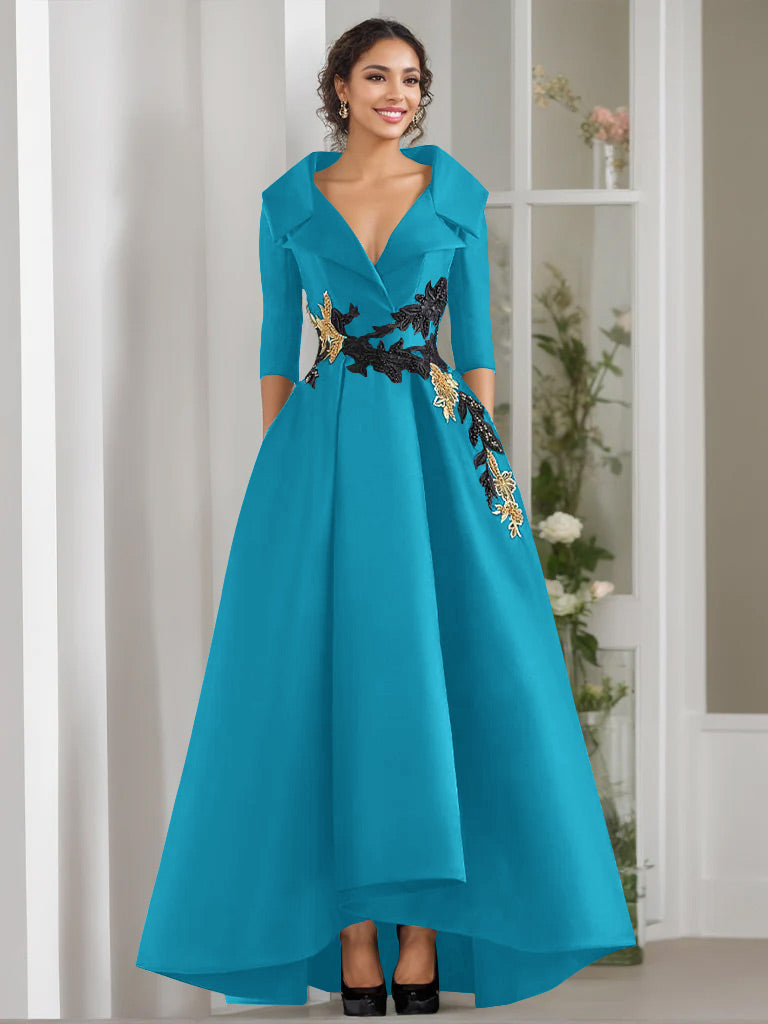 V Neck A Line Long Mother of the Bride Dress with 3/4 Sleeves Appliques and Beading