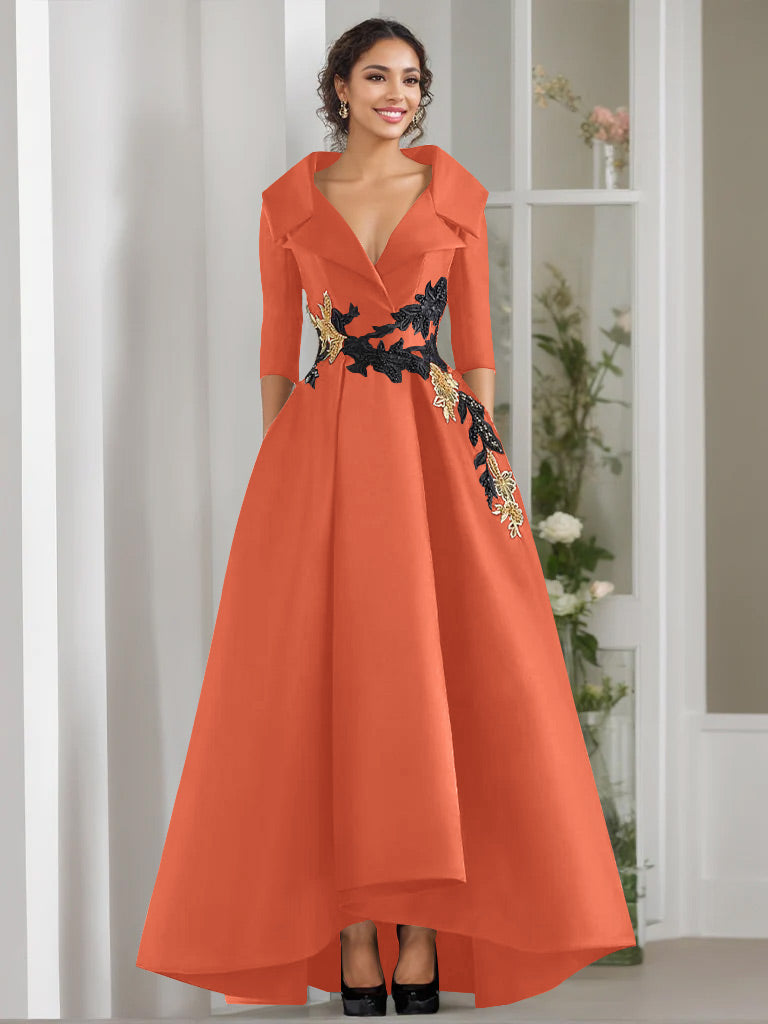 V Neck A Line Long Mother of the Bride Dress with 3/4 Sleeves Appliques and Beading