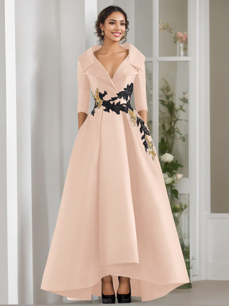 V Neck A Line Long Mother of the Bride Dress with 3/4 Sleeves Appliques and Beading
