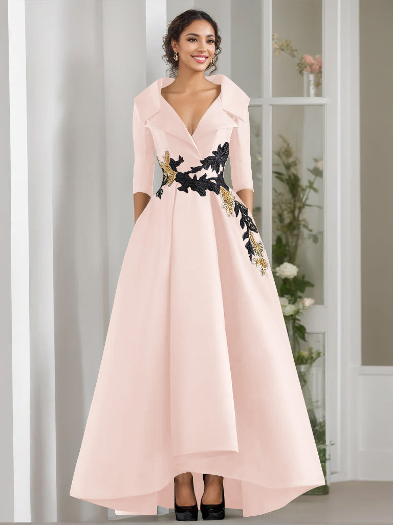 V Neck A Line Long Mother of the Bride Dress with 3/4 Sleeves Appliques and Beading