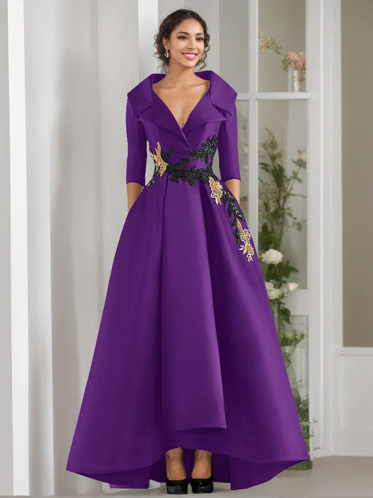 V Neck A Line Long Mother of the Bride Dress with 3/4 Sleeves Appliques and Beading
