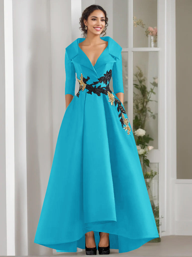 V Neck A Line Long Mother of the Bride Dress with 3/4 Sleeves Appliques and Beading
