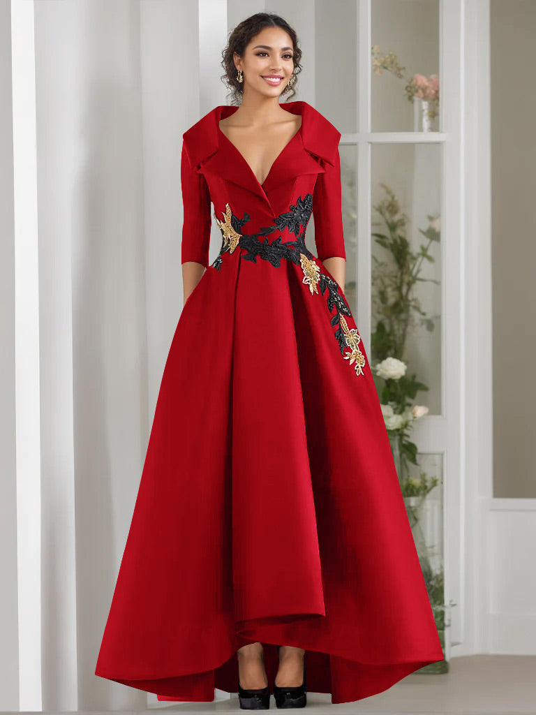 V Neck A Line Long Mother of the Bride Dress with 3/4 Sleeves Appliques and Beading