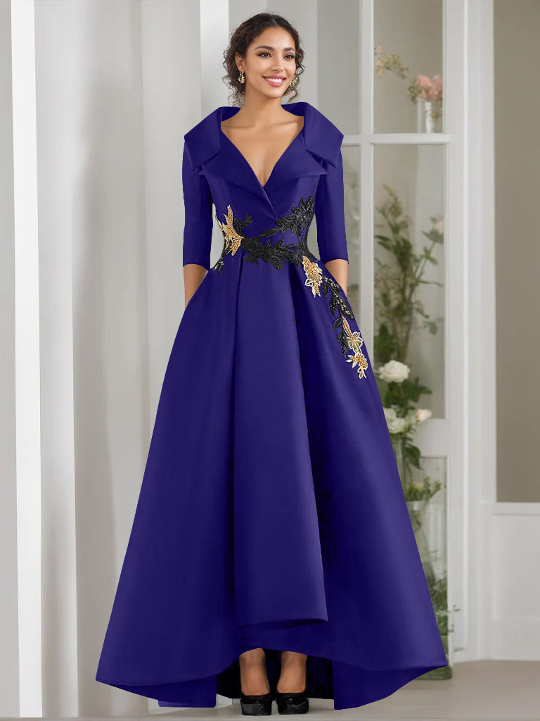 V Neck A Line Long Mother of the Bride Dress with 3/4 Sleeves Appliques and Beading