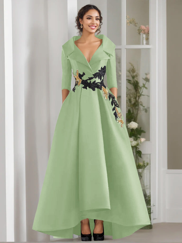 V Neck A Line Long Mother of the Bride Dress with 3/4 Sleeves Appliques and Beading