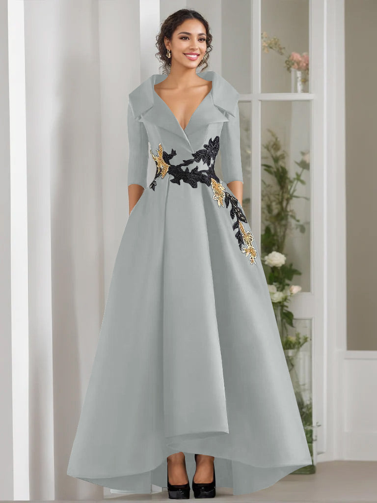 V Neck A Line Long Mother of the Bride Dress with 3/4 Sleeves Appliques and Beading