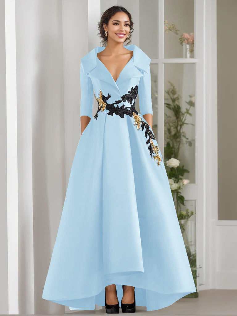 V Neck A Line Long Mother of the Bride Dress with 3/4 Sleeves Appliques and Beading