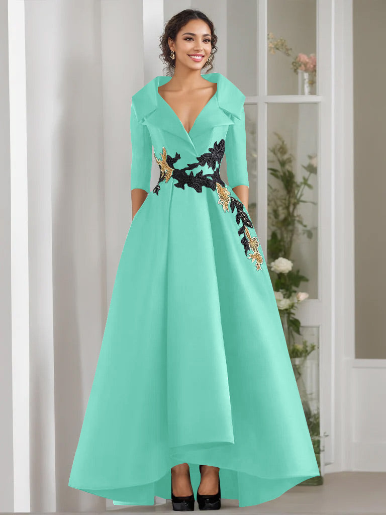 V Neck A Line Long Mother of the Bride Dress with 3/4 Sleeves Appliques and Beading