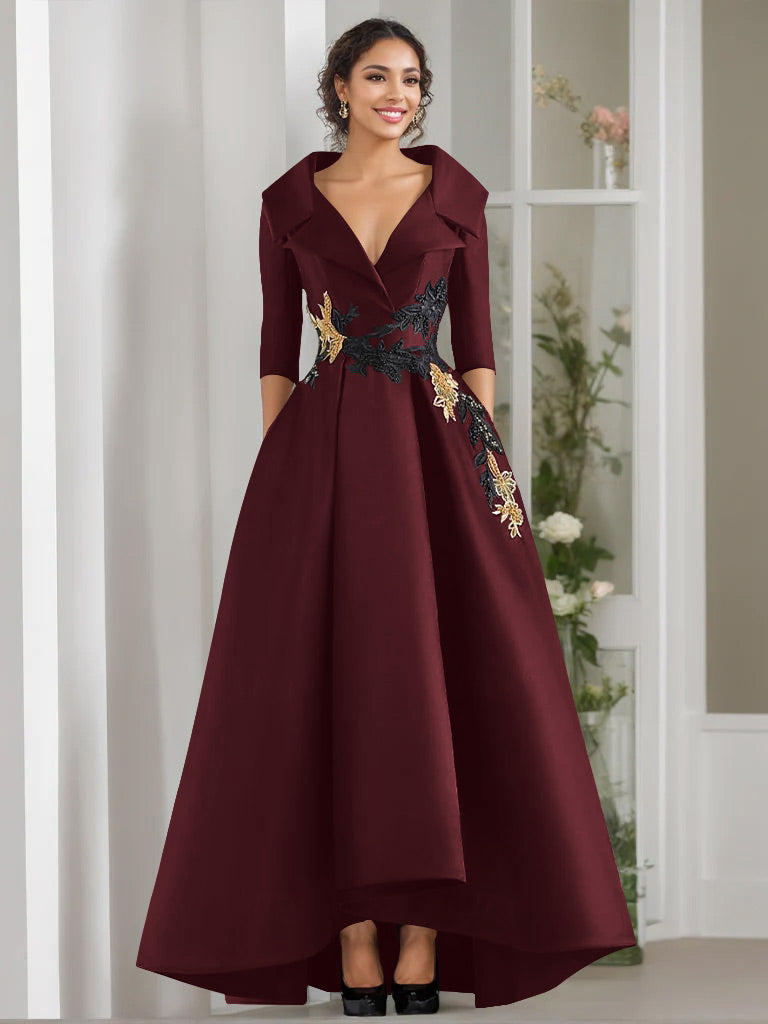 V Neck A Line Long Mother of the Bride Dress with 3/4 Sleeves Appliques and Beading