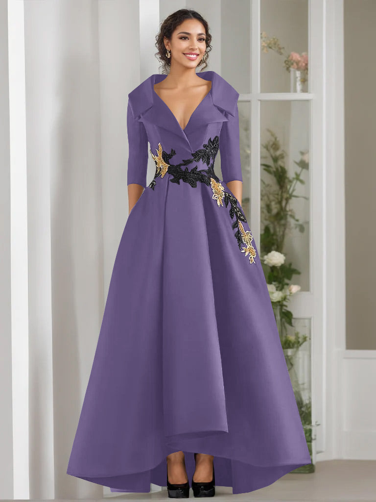 V Neck A Line Long Mother of the Bride Dress with 3/4 Sleeves Appliques and Beading