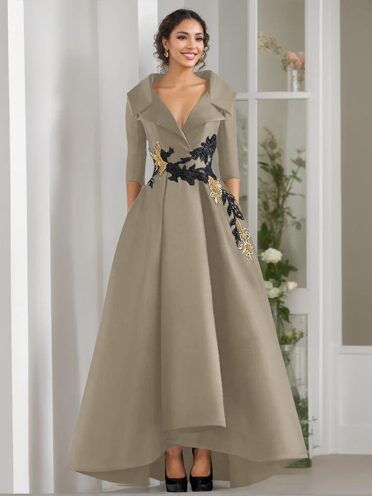 V Neck A Line Long Mother of the Bride Dress with 3/4 Sleeves Appliques and Beading