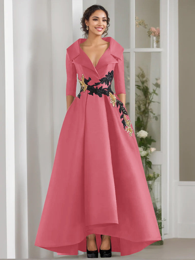 V Neck A Line Long Mother of the Bride Dress with 3/4 Sleeves Appliques and Beading