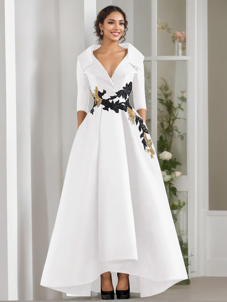 V Neck A Line Long Mother of the Bride Dress with 3/4 Sleeves Appliques and Beading