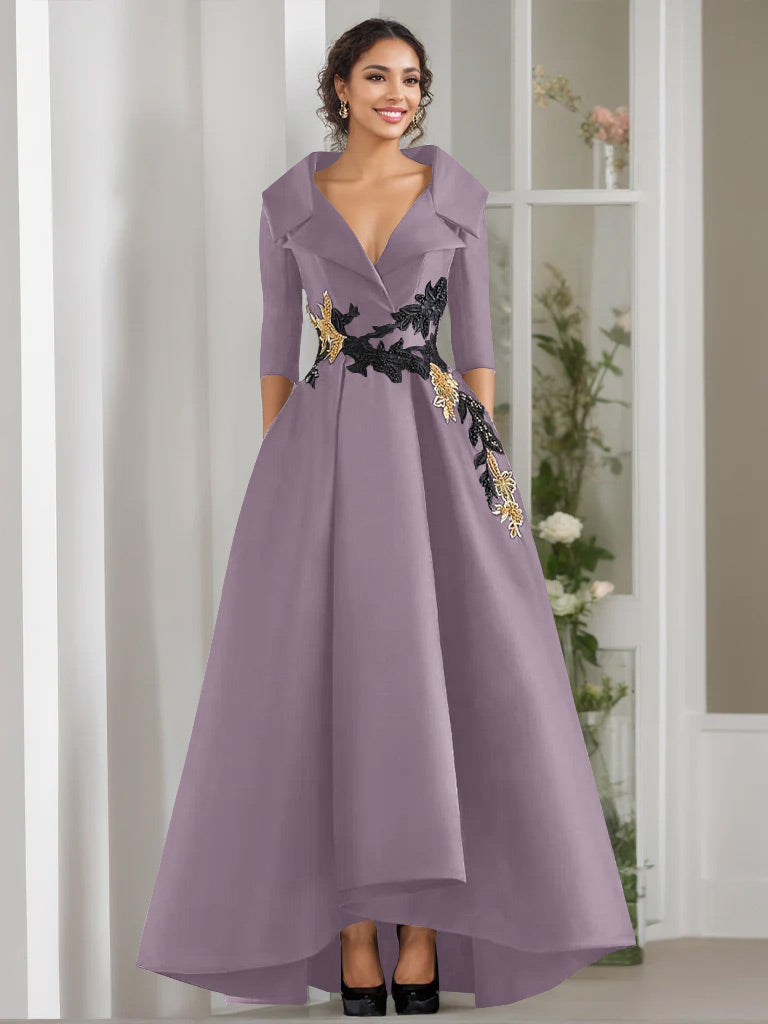 V Neck A Line Long Mother of the Bride Dress with 3/4 Sleeves Appliques and Beading