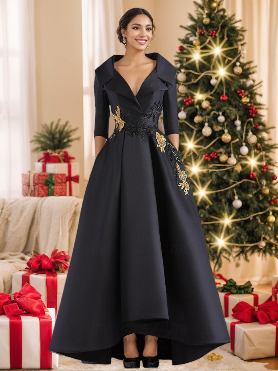 V Neck A Line Long Mother of the Bride Dress with 3/4 Sleeves Appliques and Beading