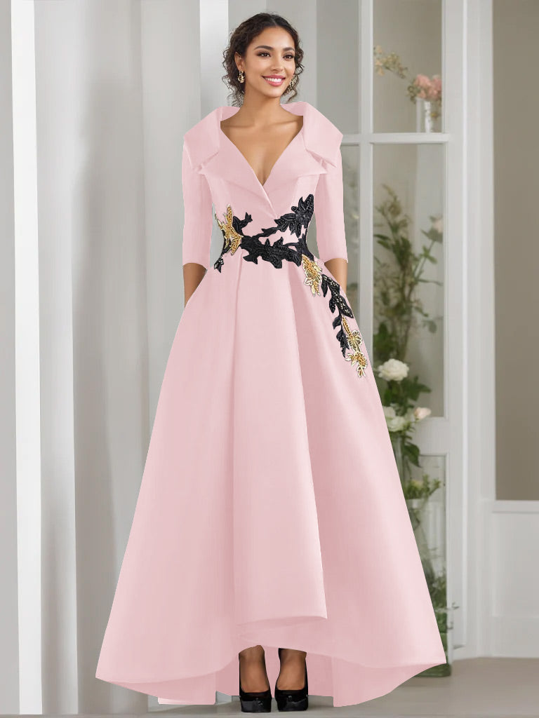 V Neck A Line Long Mother of the Bride Dress with 3/4 Sleeves Appliques and Beading