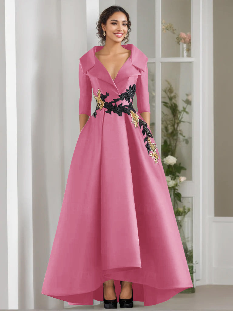 V Neck A Line Long Mother of the Bride Dress with 3/4 Sleeves Appliques and Beading