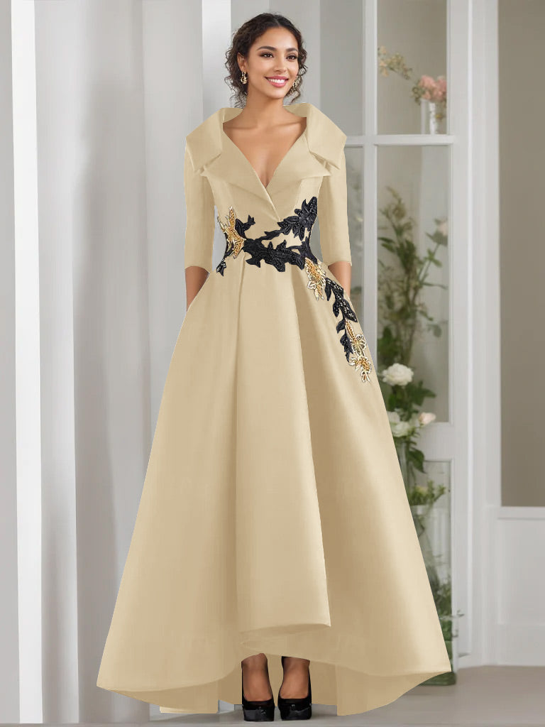 V Neck A Line Long Mother of the Bride Dress with 3/4 Sleeves Appliques and Beading