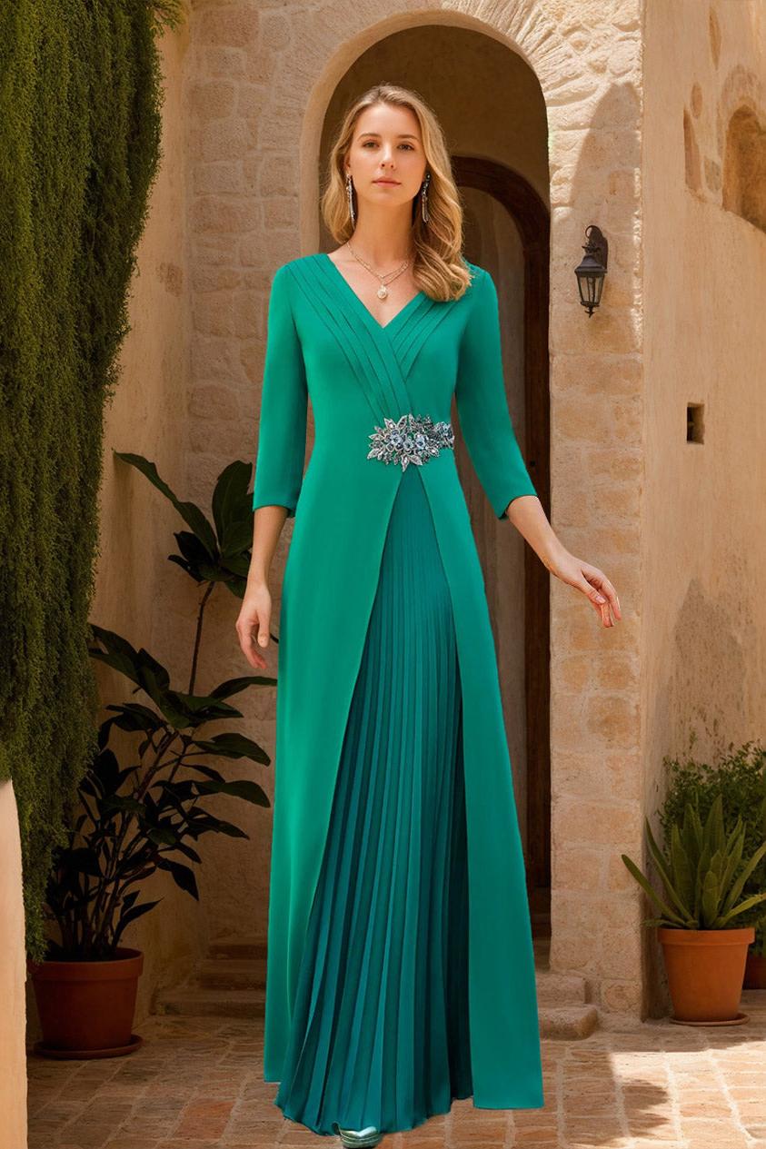 V Neck A Line Long Mother of the Bride Dress with 3/4 Sleeves Chiffon Slit & Jewel Appliques