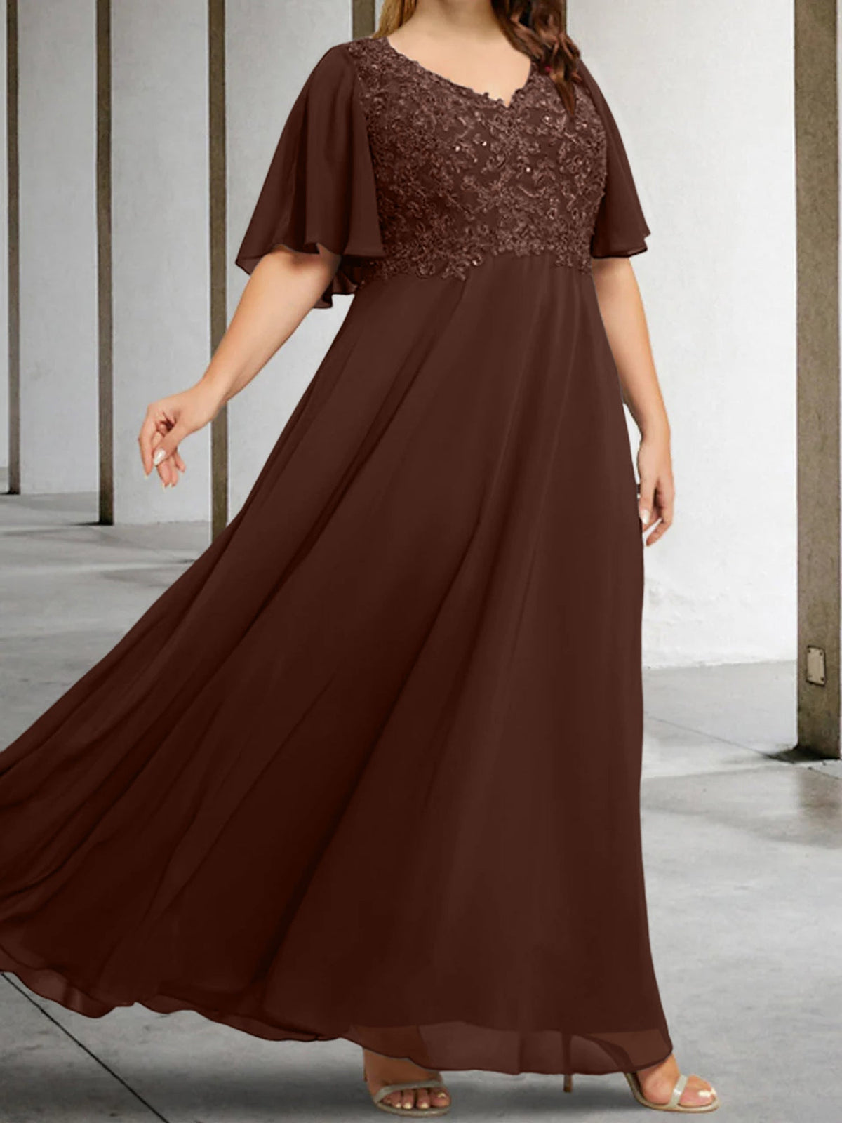 V Neck A Line Long Mother of the Bride Dress with Applique and Half Sleeves