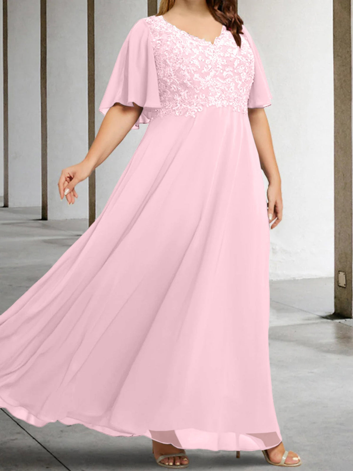 V Neck A Line Long Mother of the Bride Dress with Applique and Half Sleeves