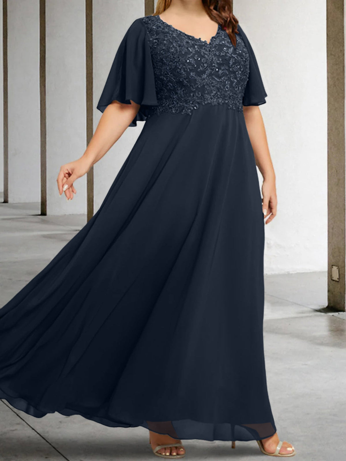 V Neck A Line Long Mother of the Bride Dress with Applique and Half Sleeves