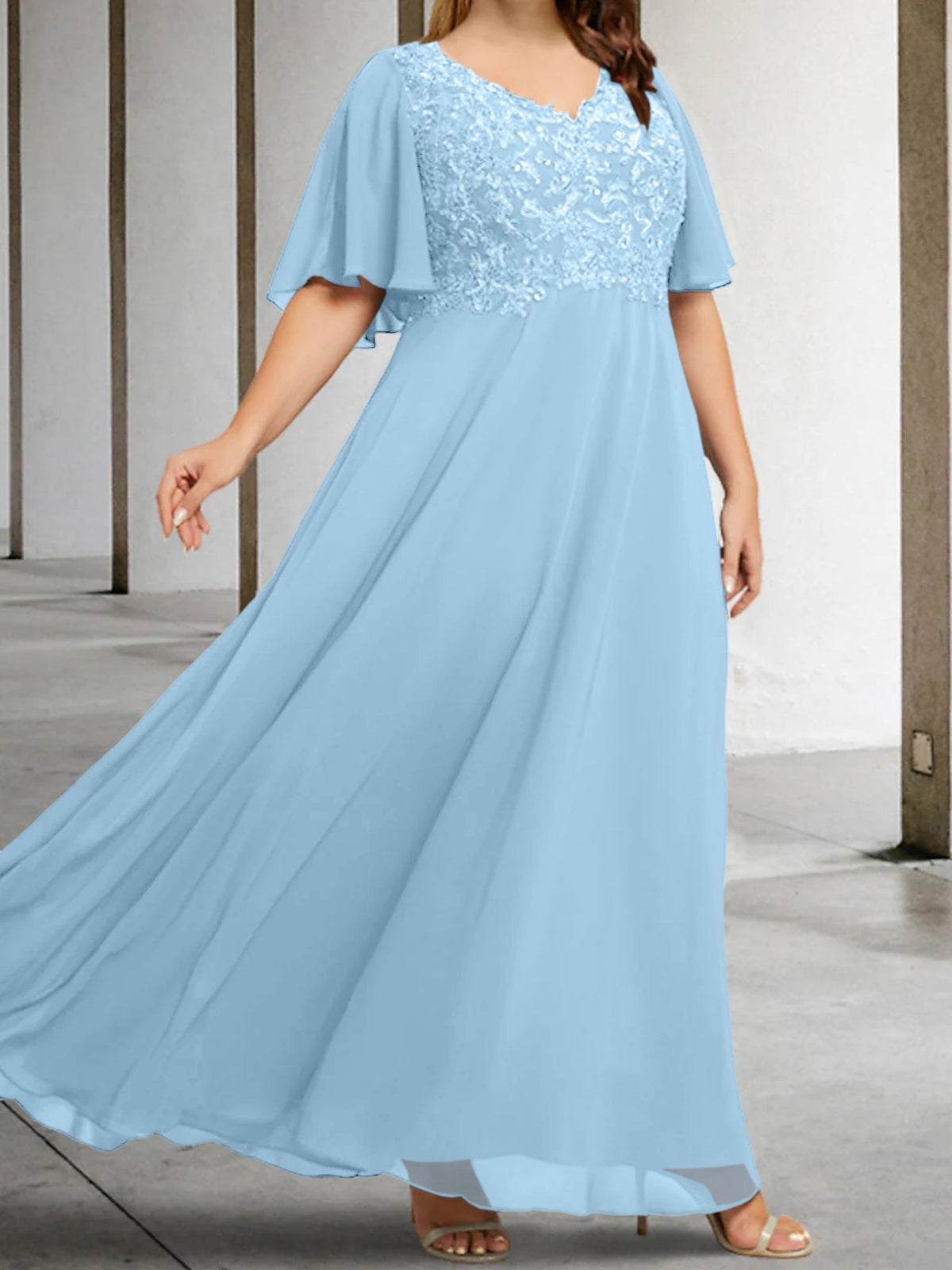 V Neck A Line Long Mother of the Bride Dress with Applique and Half Sleeves
