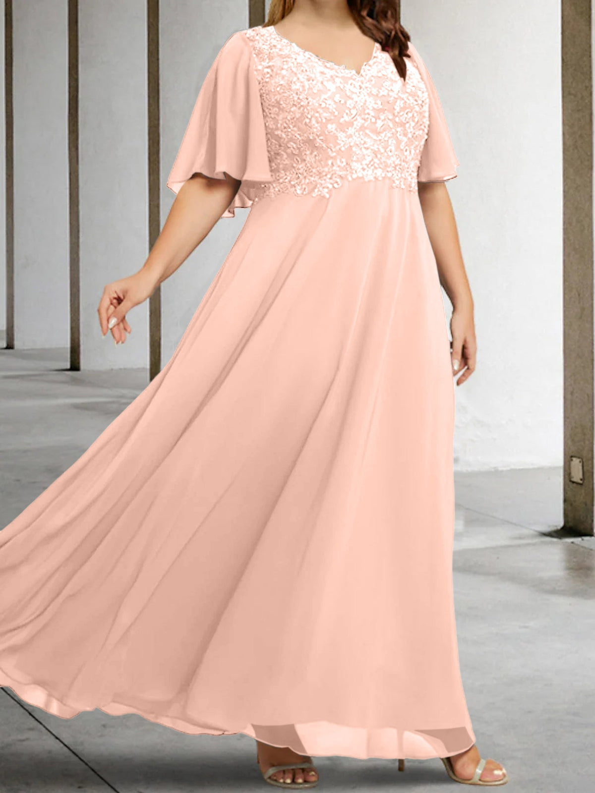 V Neck A Line Long Mother of the Bride Dress with Applique and Half Sleeves