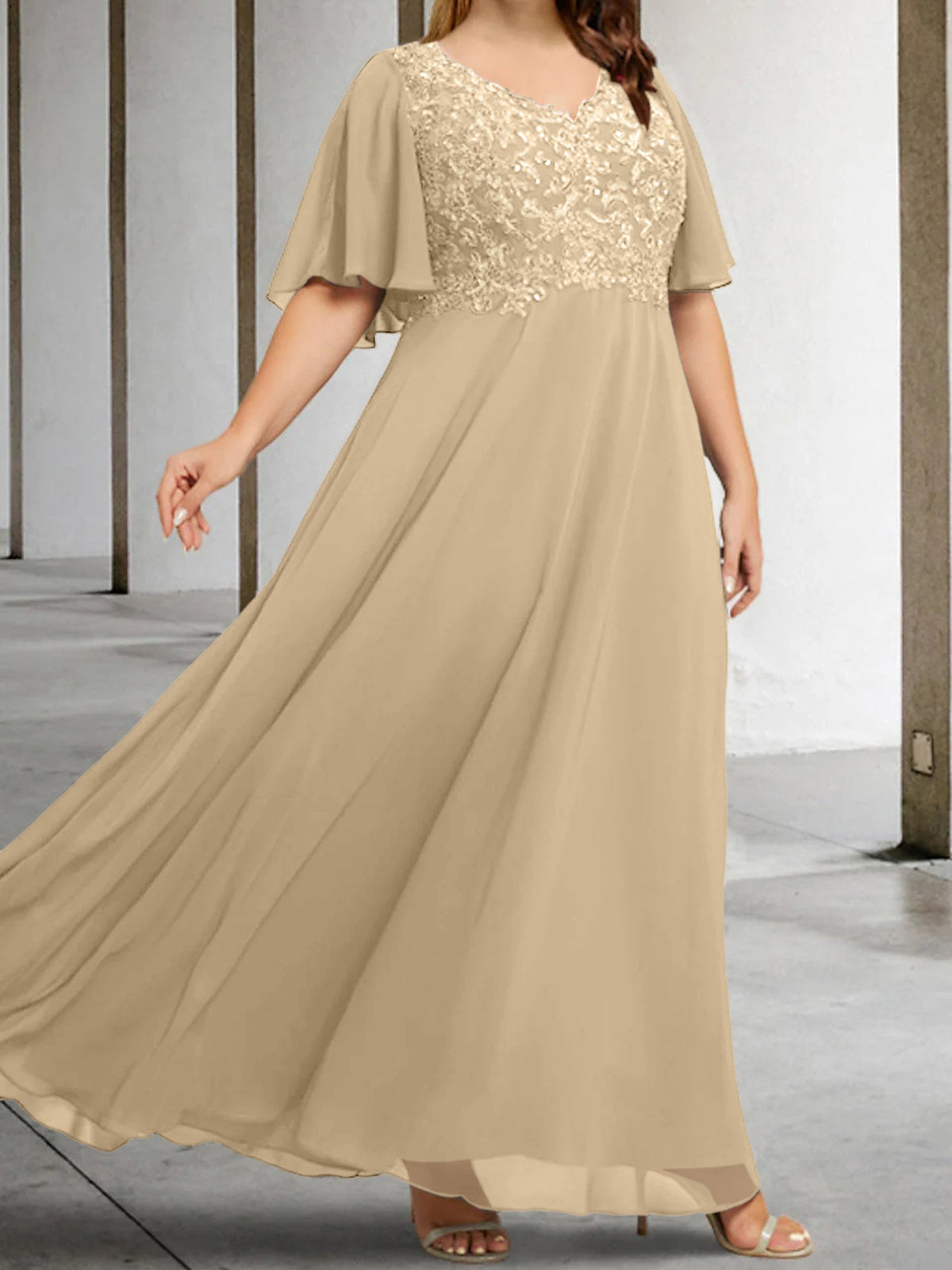 V Neck A Line Long Mother of the Bride Dress with Applique and Half Sleeves