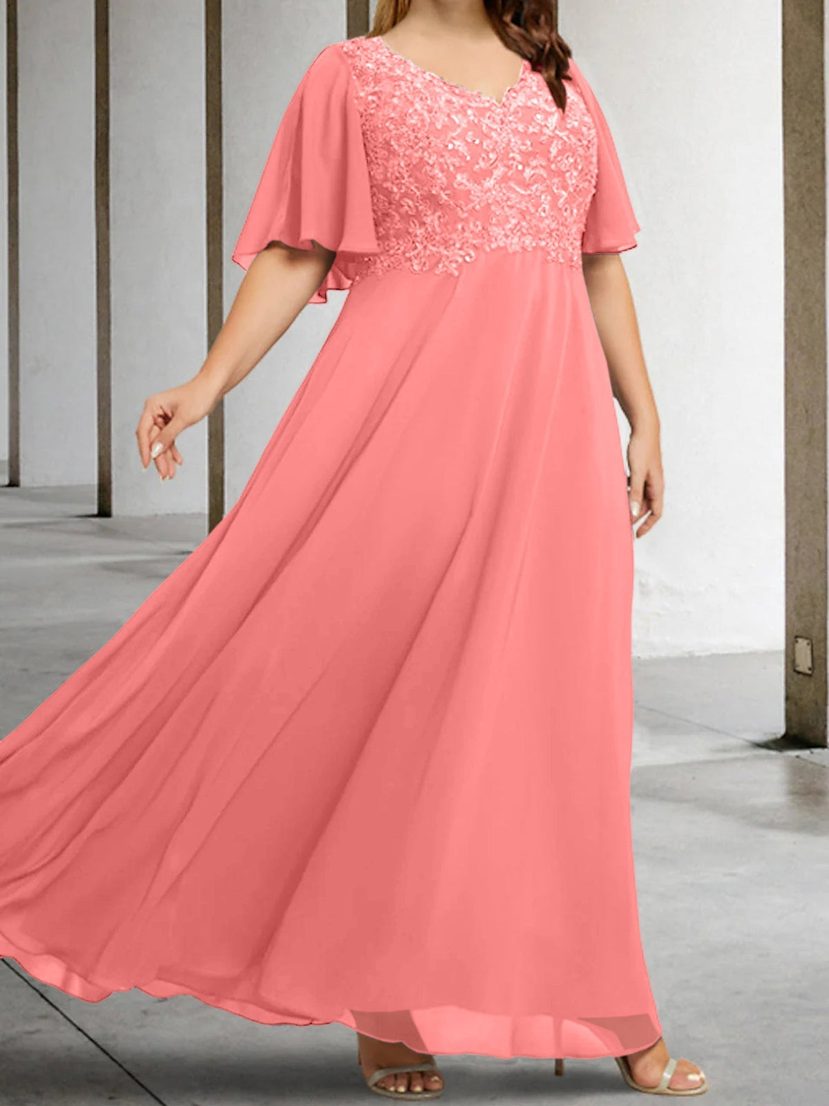 V Neck A Line Long Mother of the Bride Dress with Applique and Half Sleeves