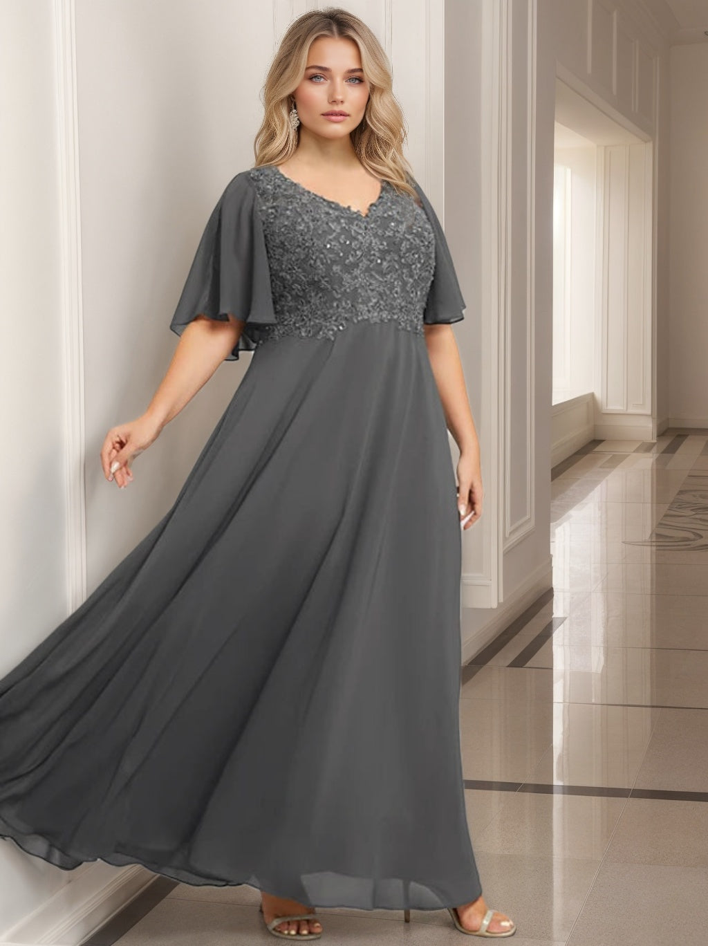 V Neck A Line Long Mother of the Bride Dress with Applique and Half Sleeves