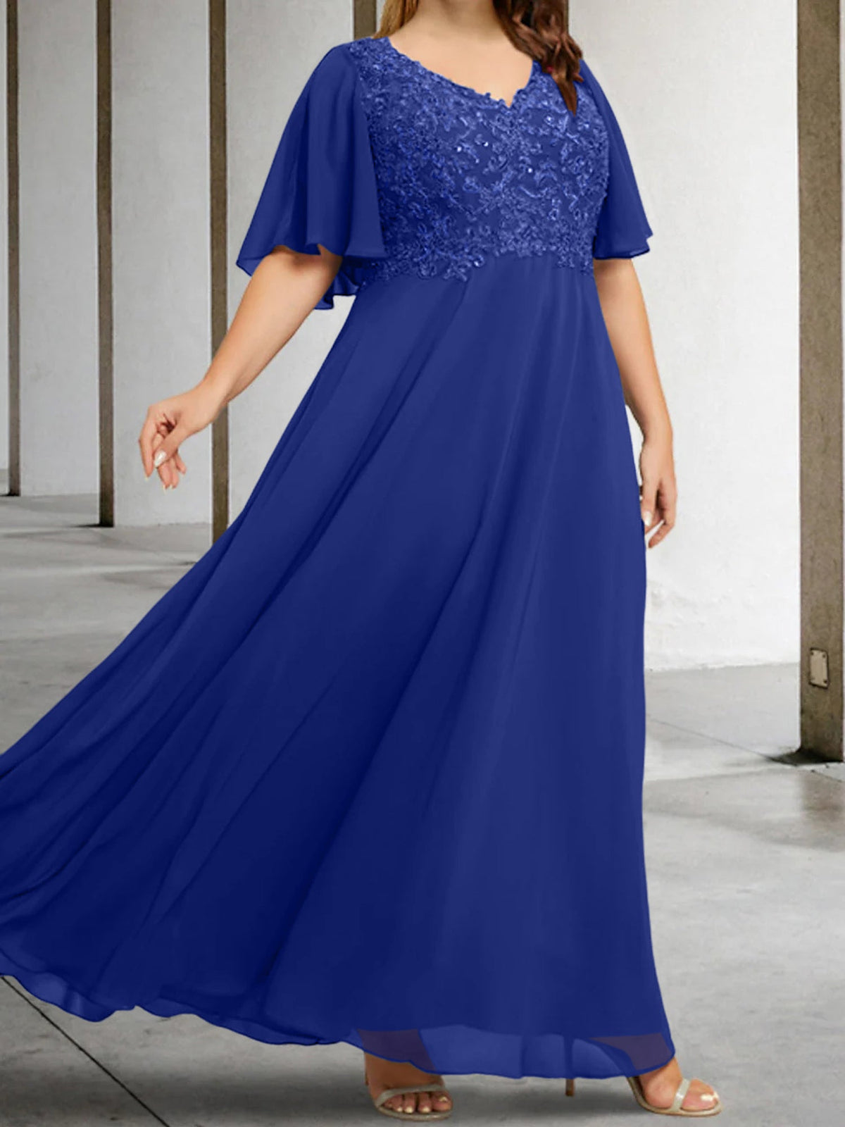 V Neck A Line Long Mother of the Bride Dress with Applique and Half Sleeves
