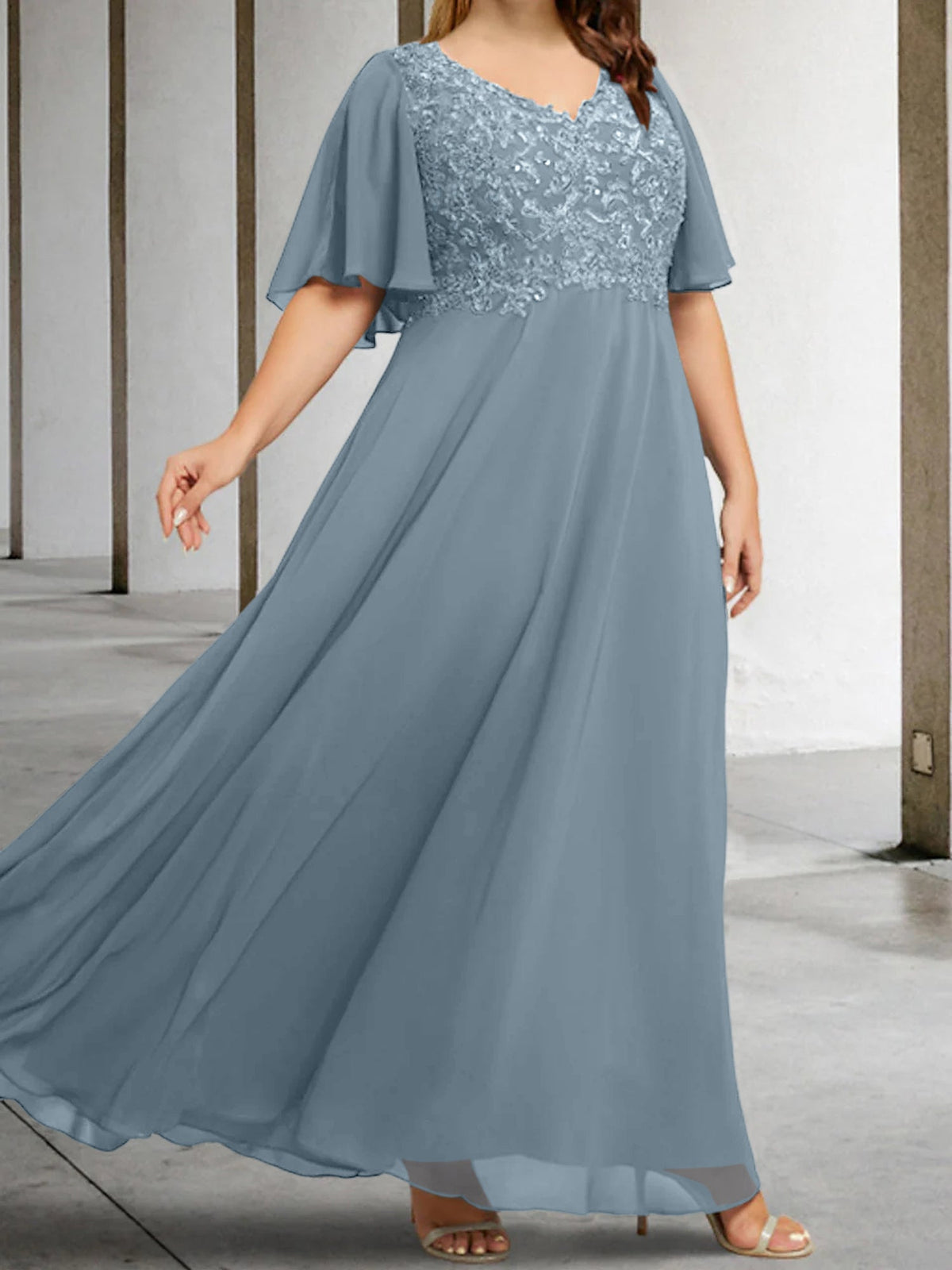 V Neck A Line Long Mother of the Bride Dress with Applique and Half Sleeves