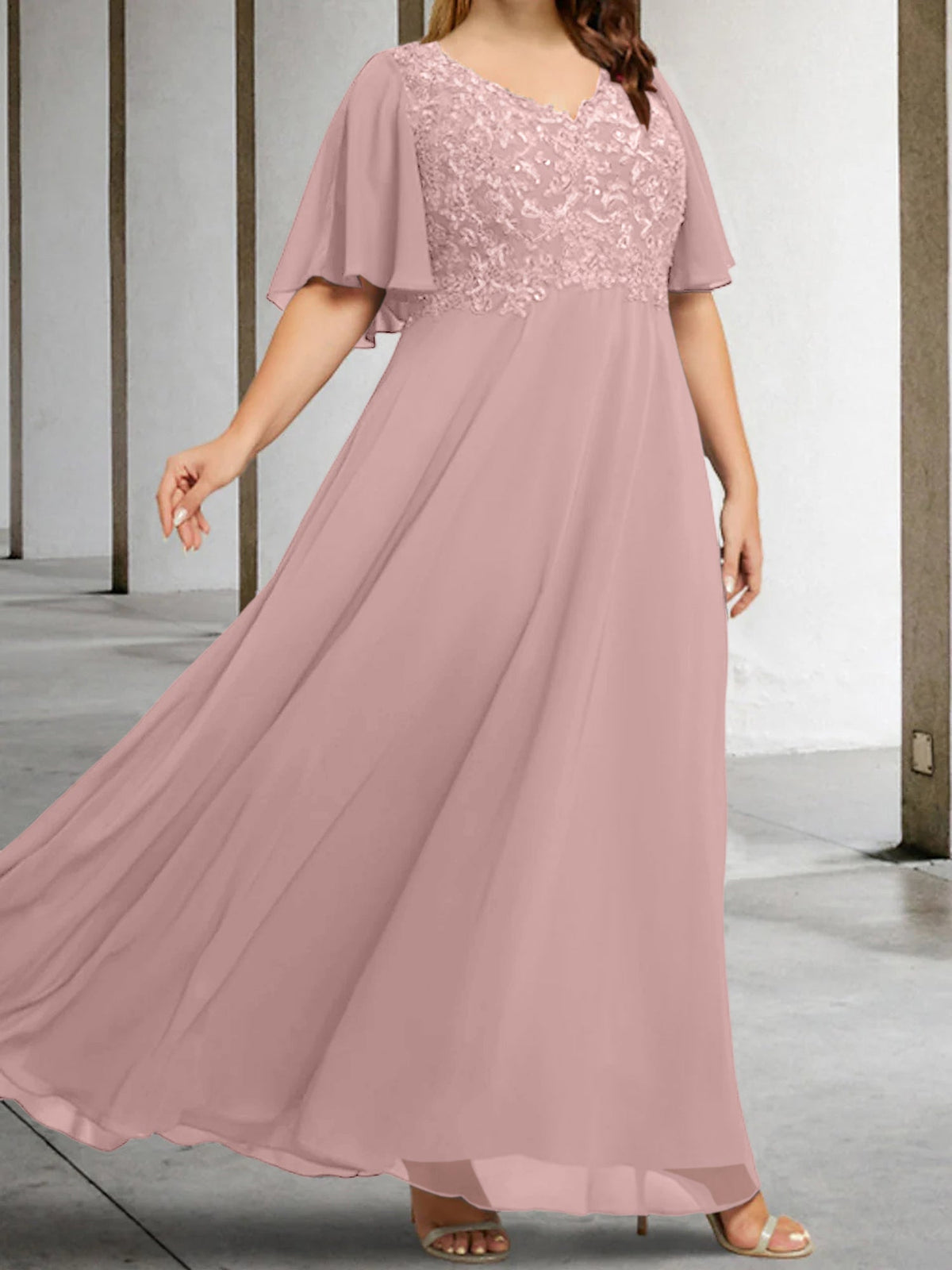 V Neck A Line Long Mother of the Bride Dress with Applique and Half Sleeves